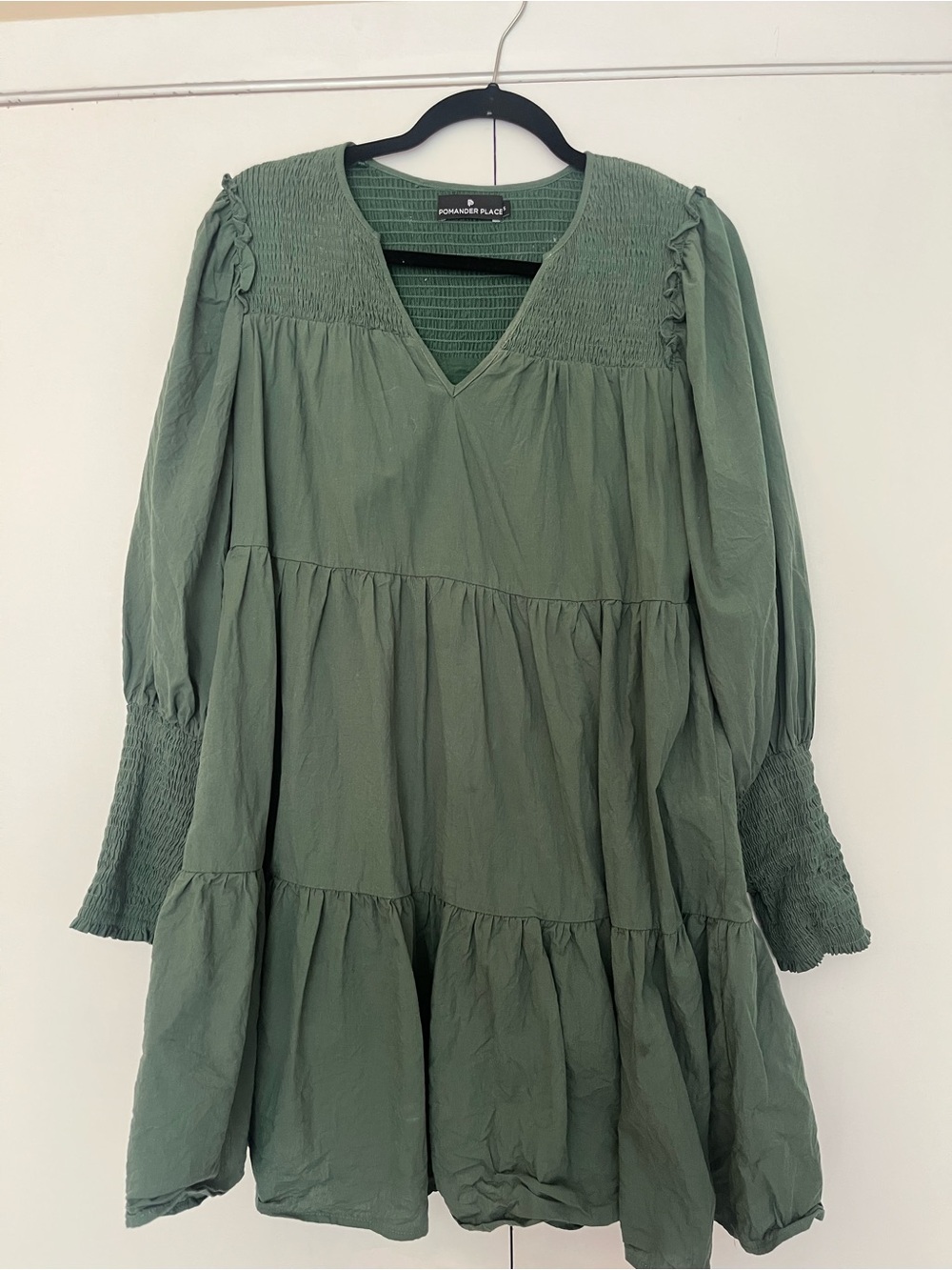 Pomander Place Sage Green Smocked Tiered Long Sleeve Dress